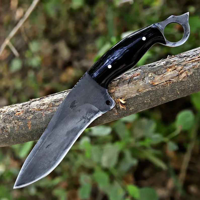 Handmade J2 Steel Cleaver-Style Survival Knife with Ring Pommel & Leather Sheath | Full Tang – Arham Cutlery