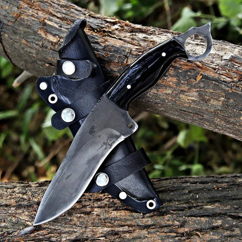 Handmade J2 Steel Cleaver-Style Survival Knife with Ring Pommel & Leather Sheath | Full Tang – Arham Cutlery