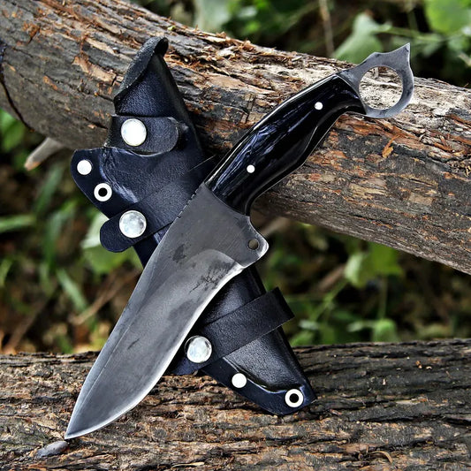 Handmade J2 Steel Cleaver-Style Survival Knife with Ring Pommel & Leather Sheath | Full Tang – Arham Cutlery