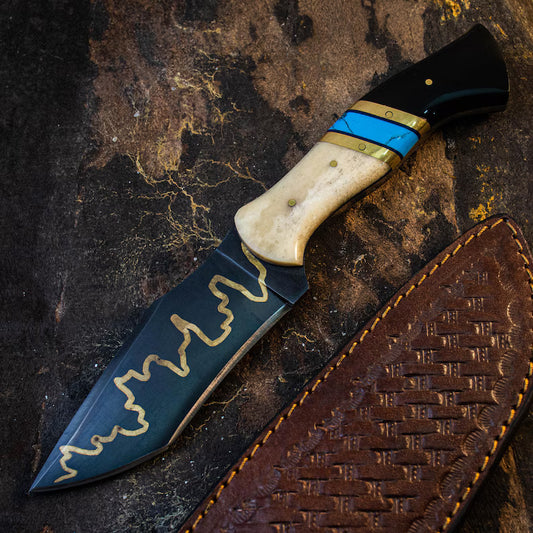 Handmade Viking Hunting Knife with Copper Inlay – Full Tang Stainless Steel Blade, Turquoise & Camel Bone Handle, Leather Sheath - Arham Cutlery