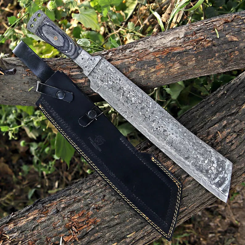 Handmade Rain Drop Damascus Steel Machete with Pakka Wood Handle & Leather Sheath | Arham Cutlery