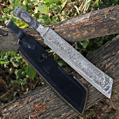 Handmade Rain Drop Damascus Steel Machete with Pakka Wood Handle & Leather Sheath | Arham Cutlery