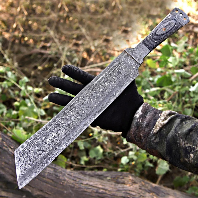 Handmade Rain Drop Damascus Steel Machete with Pakka Wood Handle & Leather Sheath | Arham Cutlery