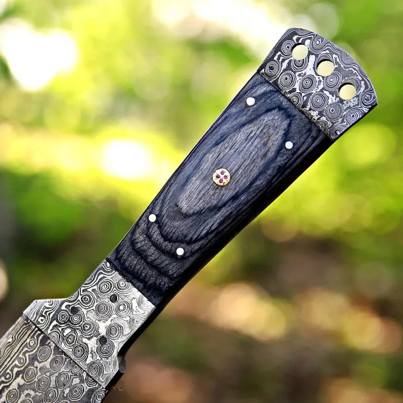 Handmade Rain Drop Damascus Steel Machete with Pakka Wood Handle & Leather Sheath | Arham Cutlery