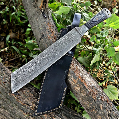 Handmade Rain Drop Damascus Steel Machete with Pakka Wood Handle & Leather Sheath | Arham Cutlery