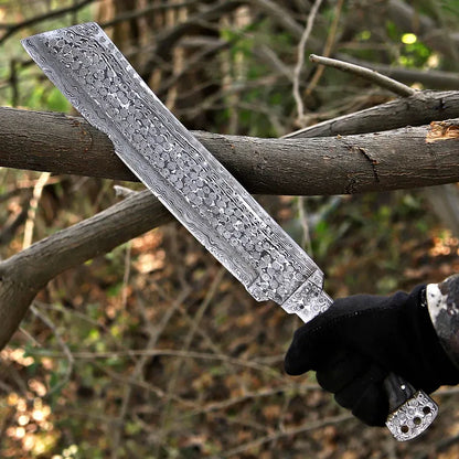 Handmade Rain Drop Damascus Steel Machete with Pakka Wood Handle & Leather Sheath | Arham Cutlery