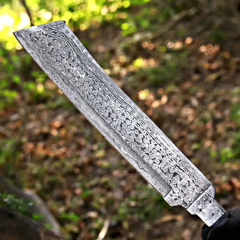 Handmade Rain Drop Damascus Steel Machete with Pakka Wood Handle & Leather Sheath | Arham Cutlery