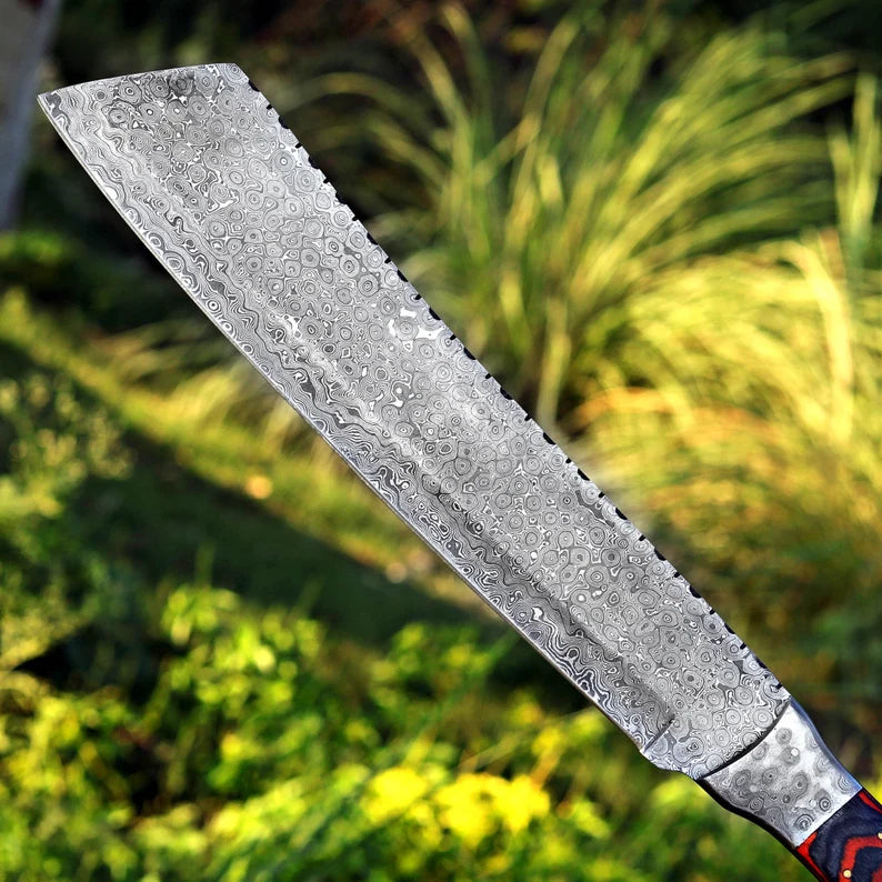 Handmade Raindrop Damascus Machete – Full Tang Blade with Pakka Wood Handle & Leather Sheath