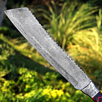 Handmade Raindrop Damascus Machete – Full Tang Blade with Pakka Wood Handle & Leather Sheath