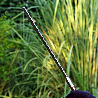 Handmade Raindrop Damascus Machete – Full Tang Blade with Pakka Wood Handle & Leather Sheath