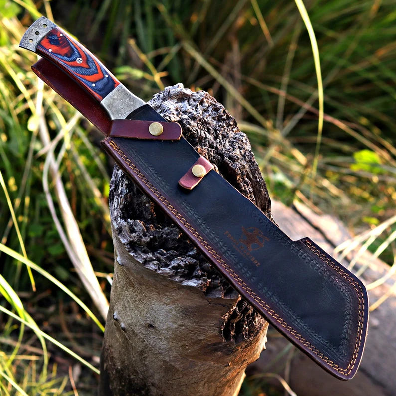 Handmade Raindrop Damascus Machete – Full Tang Blade with Pakka Wood Handle & Leather Sheath