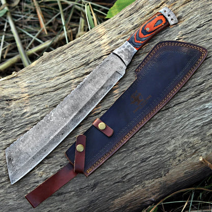 Handmade Raindrop Damascus Machete – Full Tang Blade with Pakka Wood Handle & Leather Sheath
