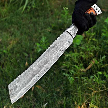 Handmade Raindrop Damascus Machete – Full Tang Blade with Pakka Wood Handle & Leather Sheath