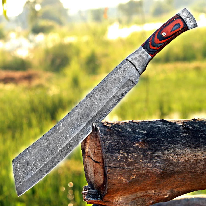 Handmade Raindrop Damascus Machete – Full Tang Blade with Pakka Wood Handle & Leather Sheath
