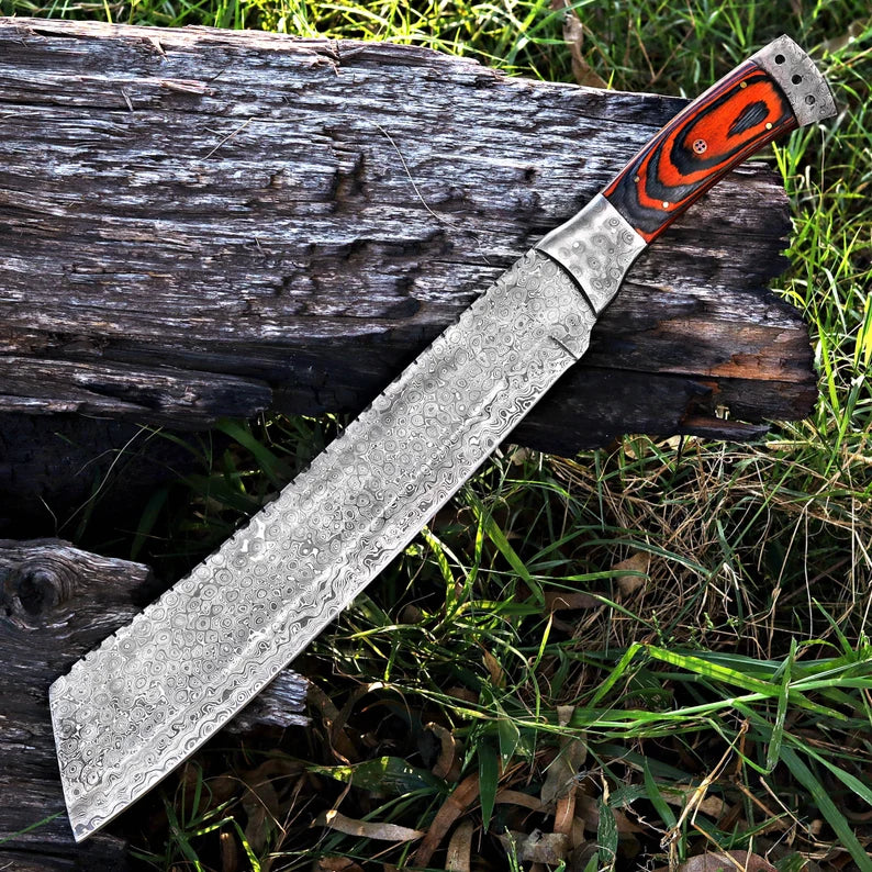 Handmade Raindrop Damascus Machete – Full Tang Blade with Pakka Wood Handle & Leather Sheath