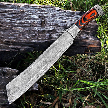 Handmade Raindrop Damascus Machete – Full Tang Blade with Pakka Wood Handle & Leather Sheath