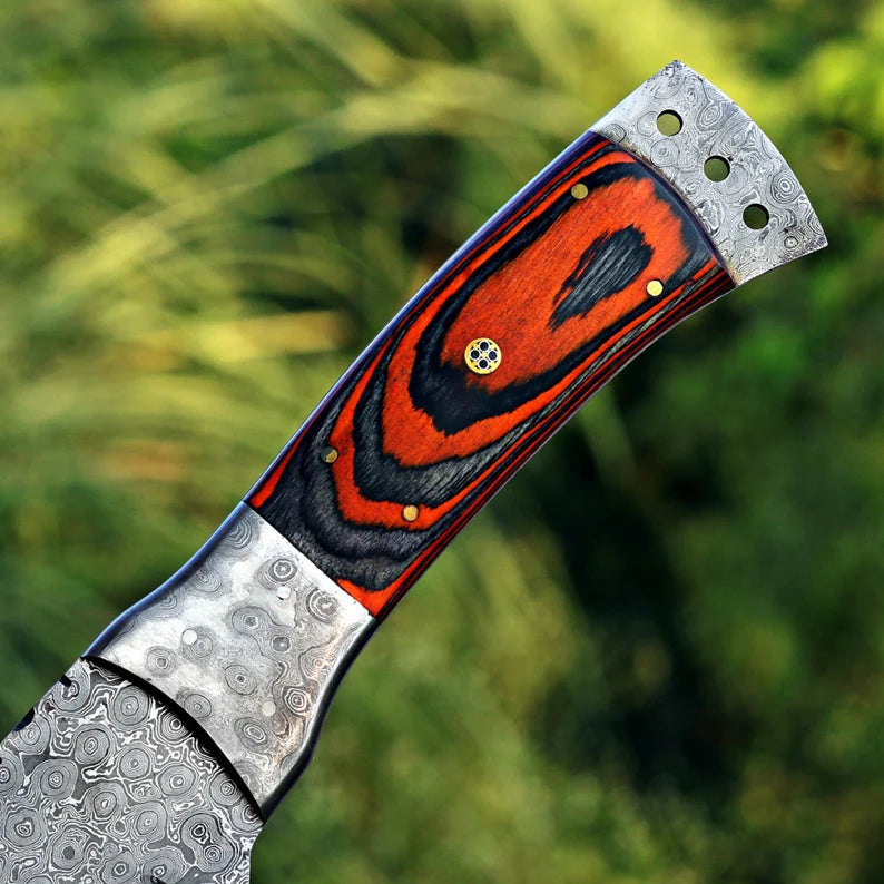 Handmade Raindrop Damascus Machete – Full Tang Blade with Pakka Wood Handle & Leather Sheath