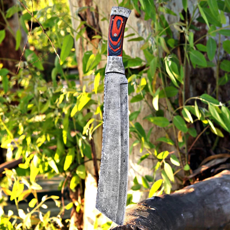 Handmade Raindrop Damascus Machete – Full Tang Blade with Pakka Wood Handle & Leather Sheath
