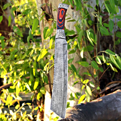 Handmade Raindrop Damascus Machete – Full Tang Blade with Pakka Wood Handle & Leather Sheath