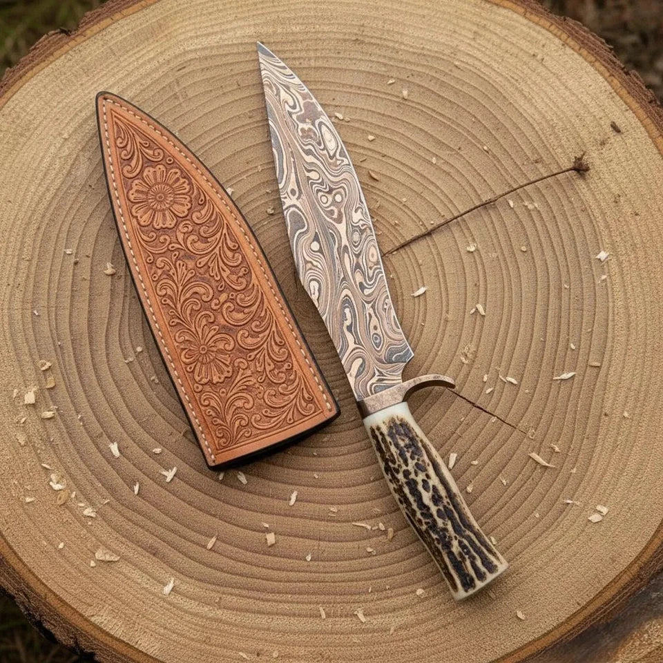 Handmade San Mai Copper Damascus Bowie Knife with Stag Antler Handle & Tooled Leather Sheath | Arham Cutlery