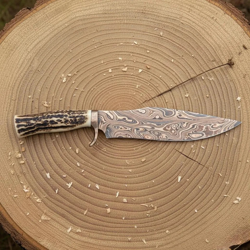 Handmade San Mai Copper Damascus Bowie Knife with Stag Antler Handle & Tooled Leather Sheath | Arham Cutlery