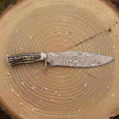 Handmade San Mai Copper Damascus Bowie Knife with Stag Antler Handle & Tooled Leather Sheath | Arham Cutlery