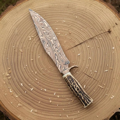 Handmade San Mai Copper Damascus Bowie Knife with Stag Antler Handle & Tooled Leather Sheath | Arham Cutlery