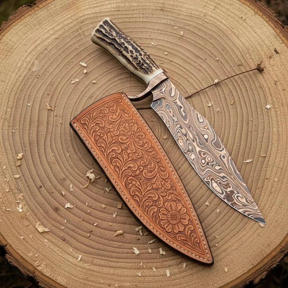 Handmade San Mai Copper Damascus Bowie Knife with Stag Antler Handle & Tooled Leather Sheath | Arham Cutlery