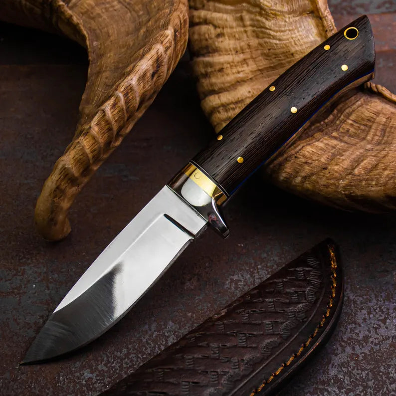 Handmade Stainless Steel Hunting Knife with Wenge Wood Handle – Full Tang Outdoor Knife with Leather Sheath - Arham Cutlery