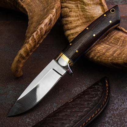 Handmade Stainless Steel Hunting Knife with Wenge Wood Handle – Full Tang Outdoor Knife with Leather Sheath - Arham Cutlery