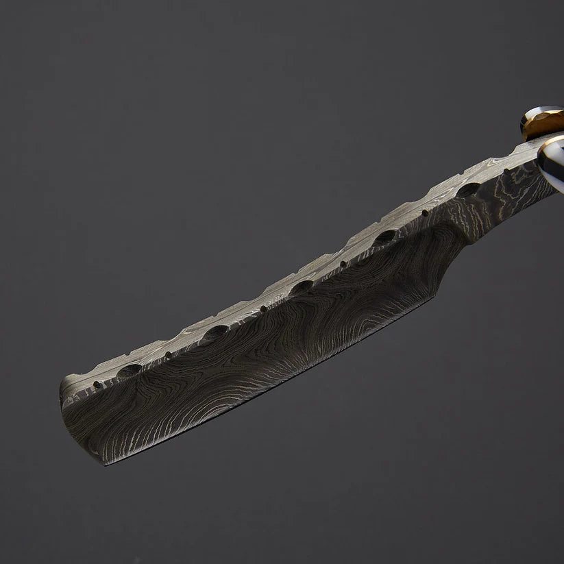 Custom Handmade Damascus Steel Straight Razor – Twist Pattern Blade, Bone & Wood Handle, Leather Sheath Included - Arham Cutlery