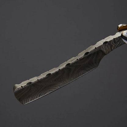 Custom Handmade Damascus Steel Straight Razor – Twist Pattern Blade, Bone & Wood Handle, Leather Sheath Included - Arham Cutlery
