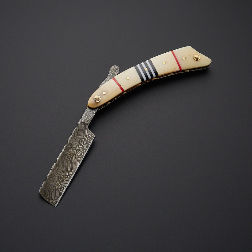 Custom Handmade Damascus Steel Straight Razor – Twist Damascus Blade with Bone Handle & Leather Sheath - Arham Cutlery