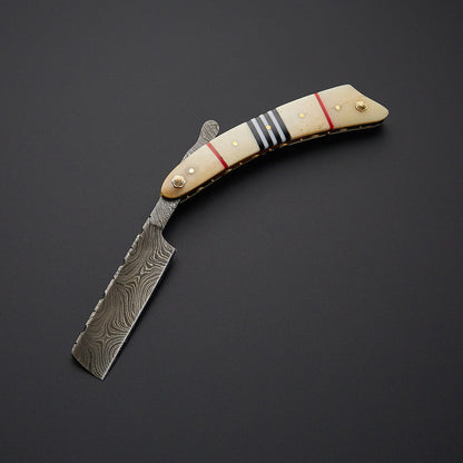 Custom Handmade Damascus Steel Straight Razor – Twist Damascus Blade with Bone Handle & Leather Sheath - Arham Cutlery