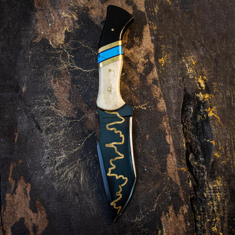 Handmade Viking Hunting Knife with Copper Inlay – Full Tang Stainless Steel Blade, Turquoise & Camel Bone Handle, Leather Sheath - Arham Cutlery