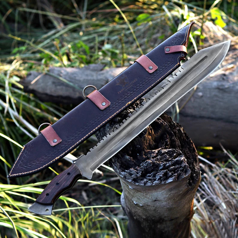 Handmade Viking Machete – 1095 Carbon Steel Blade with Rosewood Handle & Leather Sheath