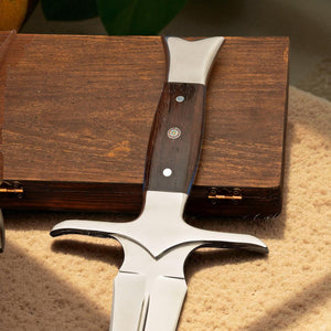 Full view of handmade Viking sword with leather sheath on fur background – Arham Cutlery