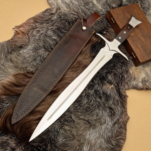 Full view of handmade Viking sword with leather sheath on fur background – Arham Cutlery