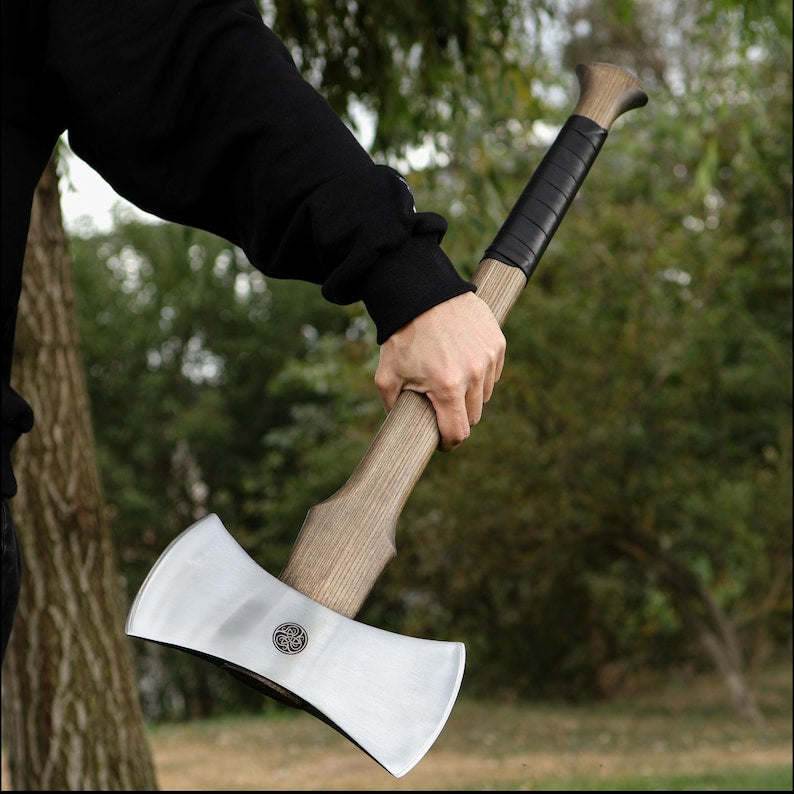 Custom Double Blade Viking Axe – Handmade Hardened Steel Warrior Hatchet with Ash Wood Shaft Arham Cutlery