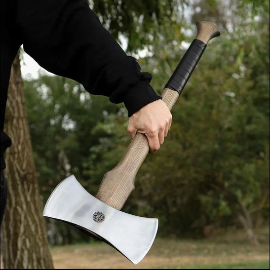 Custom Double Blade Viking Axe – Handmade Hardened Steel Warrior Hatchet with Ash Wood Shaft Arham Cutlery
