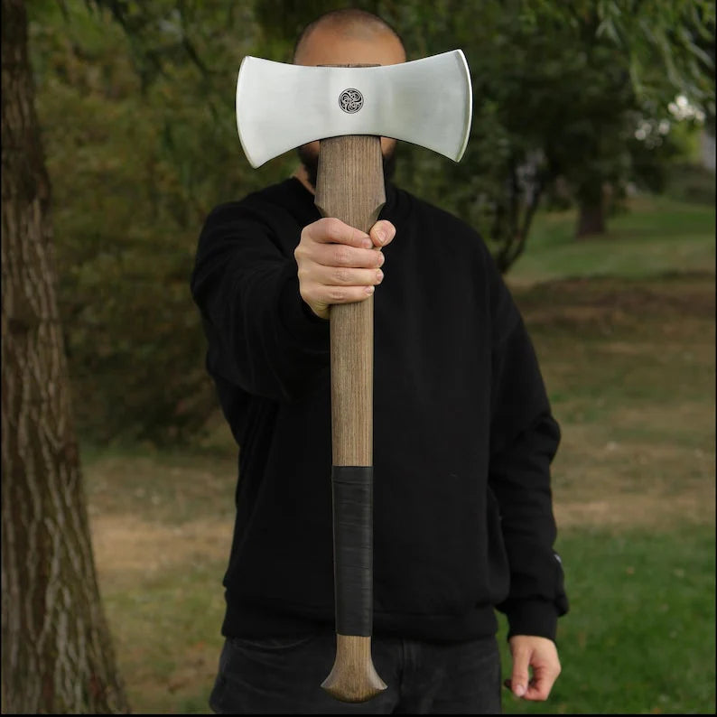 Custom Double Blade Viking Axe – Handmade Hardened Steel Warrior Hatchet with Ash Wood Shaft Arham Cutlery