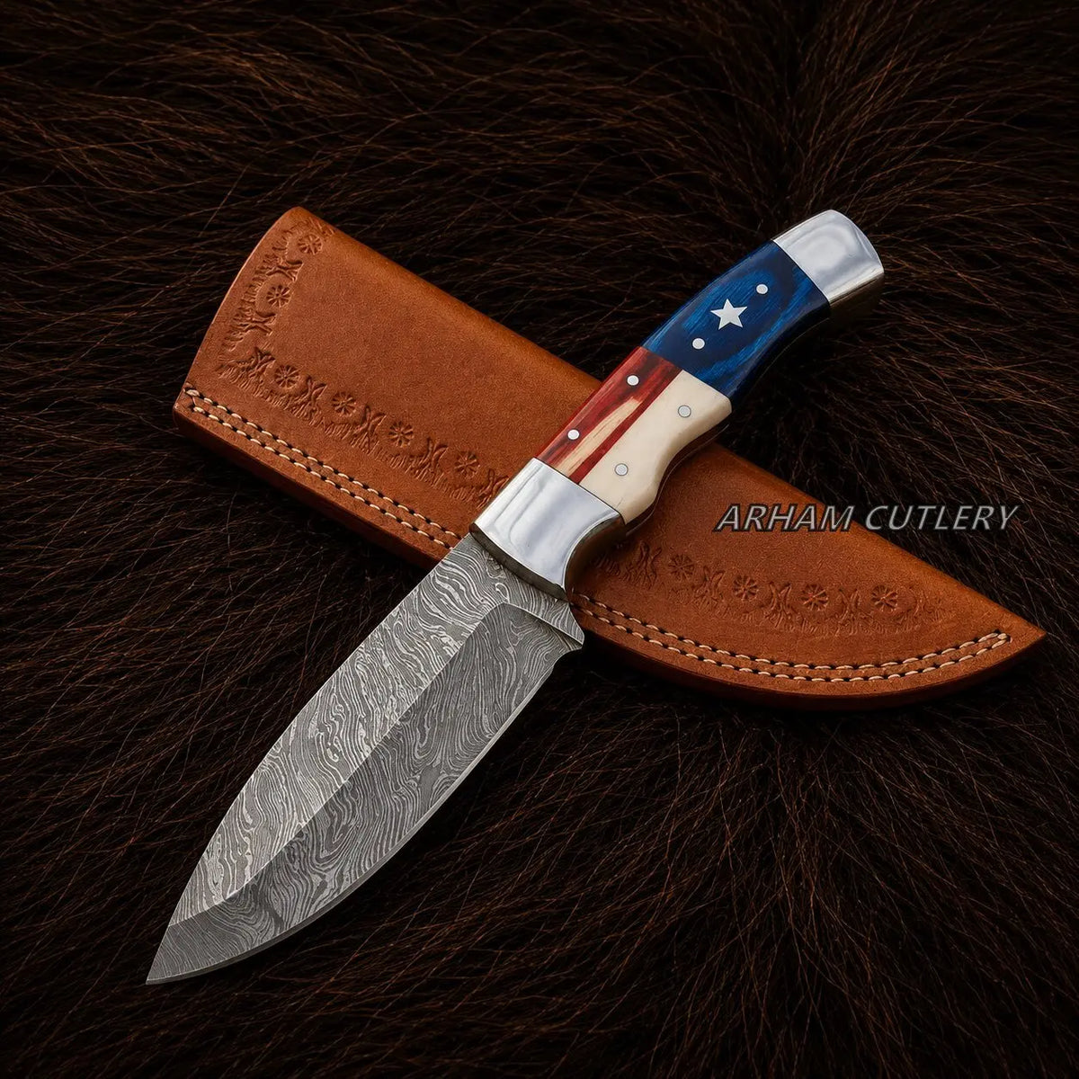 Heritage Starforge Skinning Knife – Damascus Steel & Wood Arham Cutlery