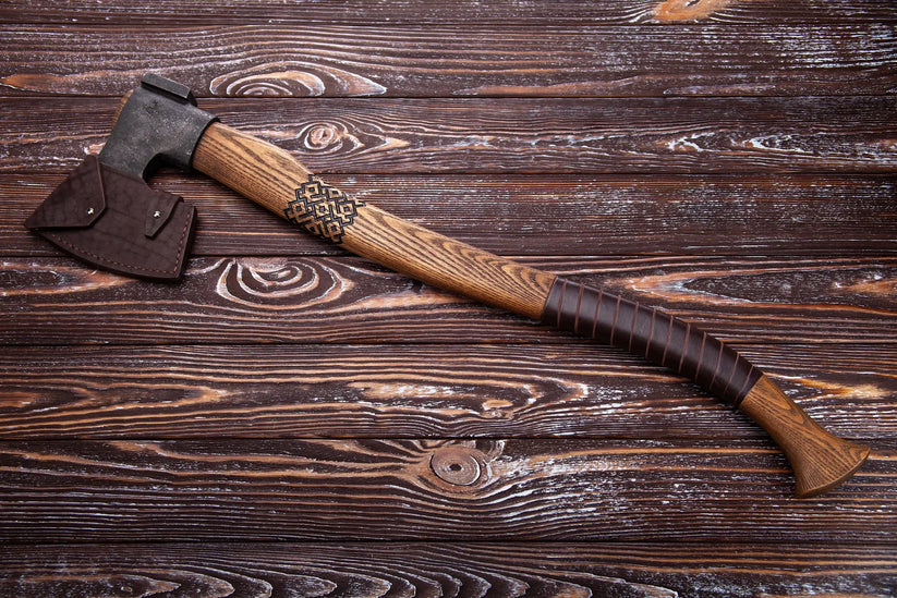 Heritage Woodcraft Axe – Handmade Carbon Steel Camp Hatchet with Carved Ash Handle Arham Cutlery