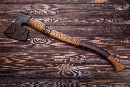 Heritage Woodcraft Axe – Handmade Carbon Steel Camp Hatchet with Carved Ash Handle Arham Cutlery