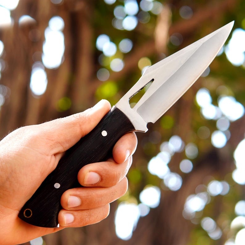 Handmade Bushcraft Skinner Knife – 8" Full Tang High Carbon Steel Hunting Knife with Dark Wood Handle & Leather Sheath