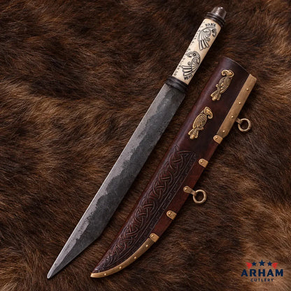 Twin Raven Viking Long Seax Knife – Carbon Steel & Etched Bone Handle Arham Cutlery