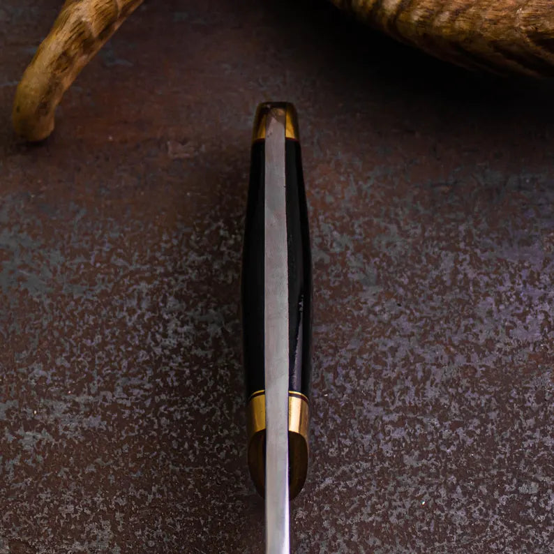 Handmade Hunting Knife with Brass Inlay Blade – Stainless Steel Fixed Blade Knife, Gloss Handle with Leather Sheath - Arham Cutlery