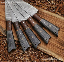 Cargar imagen en el visor de la galería, Handmade Damascus Steel 5 PCs Kitchen Knife Set With Leather Roll Kit | Arham Cutlery
