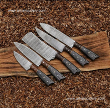 Load image into Gallery viewer, Handmade Damascus Steel 5 PCs Kitchen Knife Set With Leather Roll Kit | Arham Cutlery
