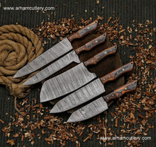 Load image into Gallery viewer, Kitchen knife handmade Damascus steel chef set gift for him ,gift for mother with leather roll kit , kitchen knife chef set gift for husband | Arham Cutlery
